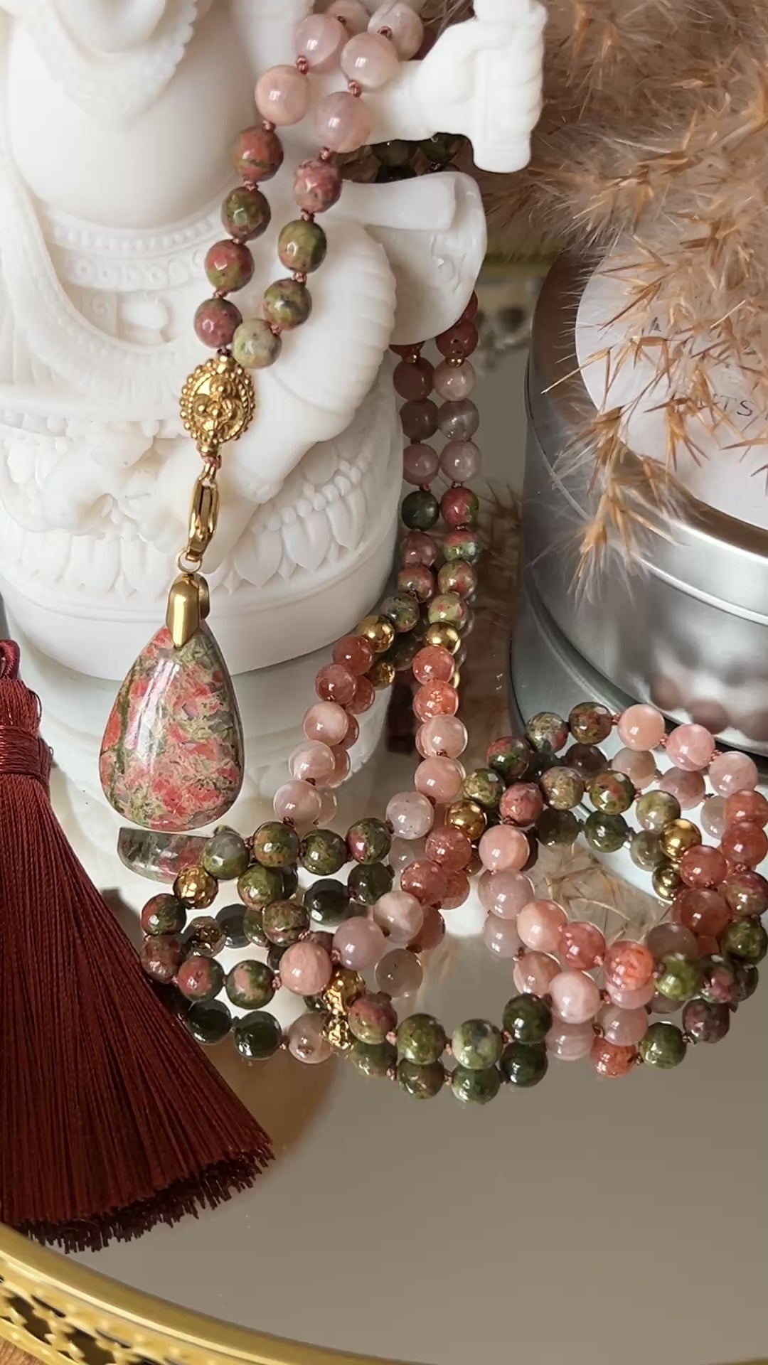 Mala n°53 - Renaissance émotionnelle - Unakite, Pierre de soleil et Pierre de lune