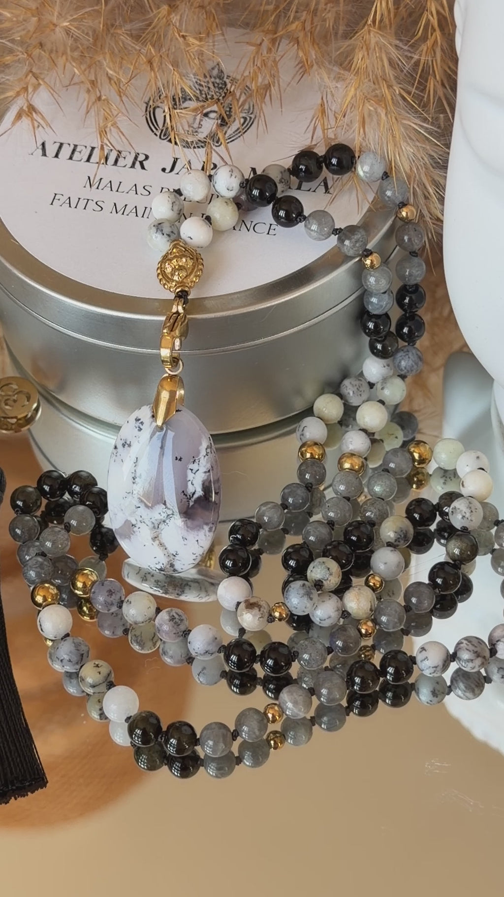 Mala n°134 - Clairvoyance - Opale dendritique, Obsidienne dorée et Labradorite