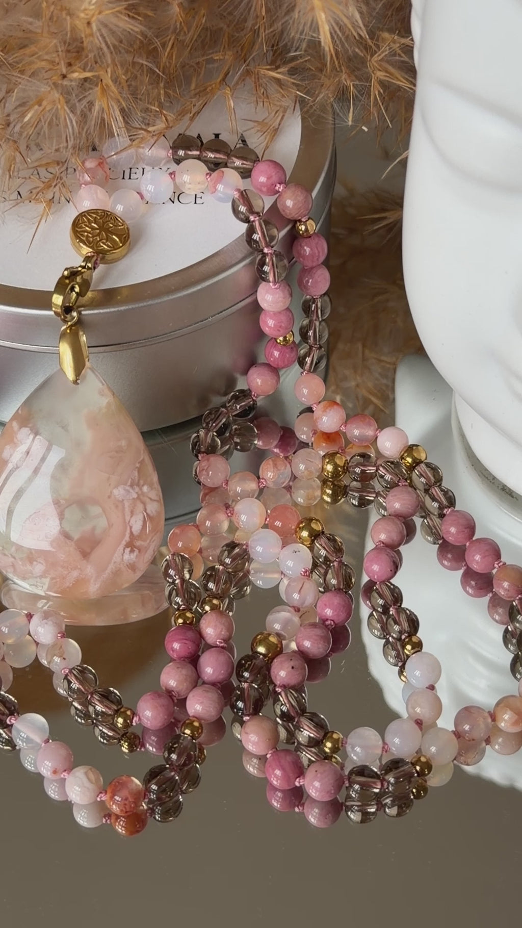 Mala n°131 - Douce éclosion - Agate fleur de cerisier, Quartz fumé et Rhodonite