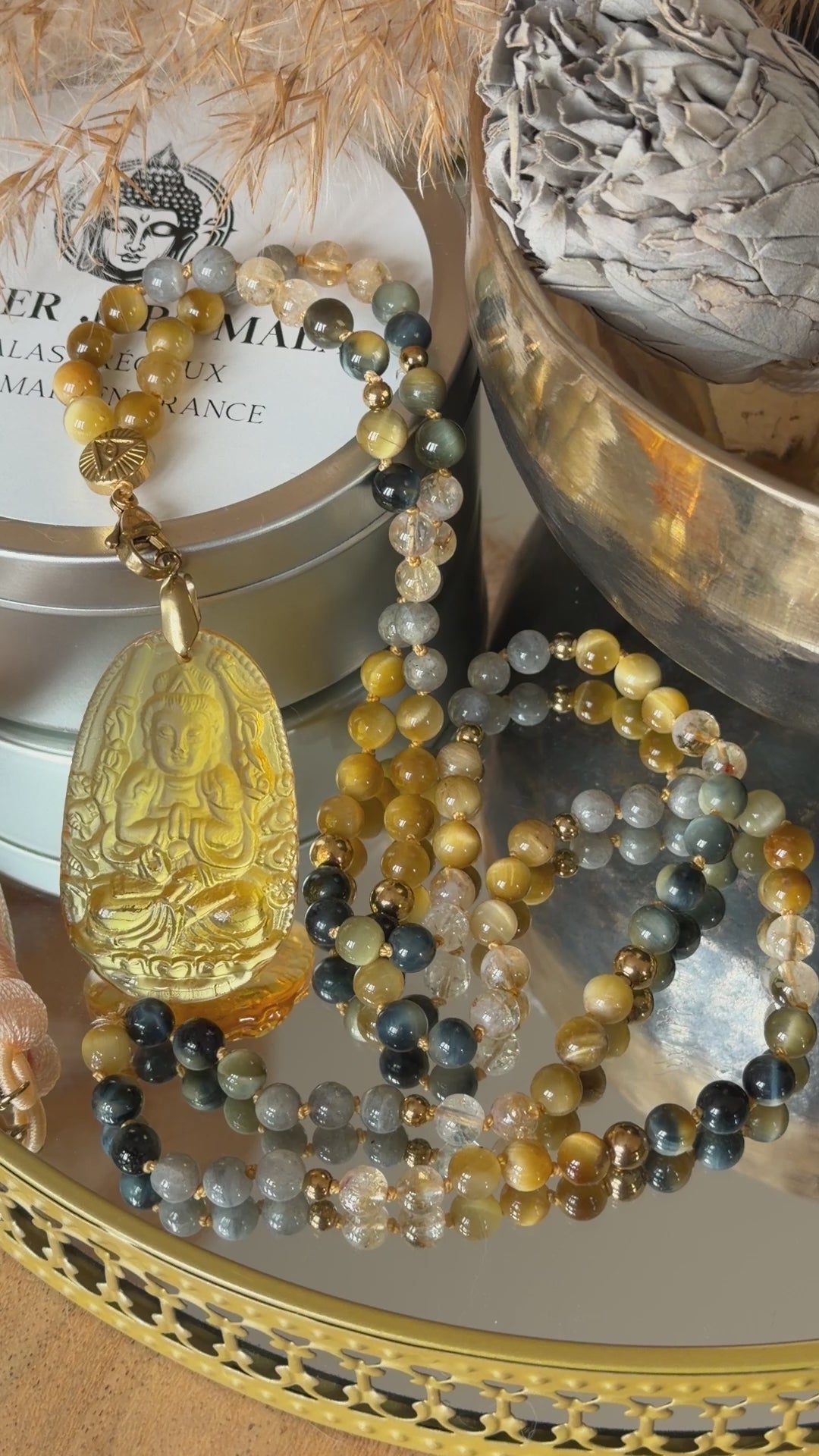 Mala n°114 - Oser rayonner - Oeil de tigre gris, Citrine, Labradorite et Oeil de tigre doré