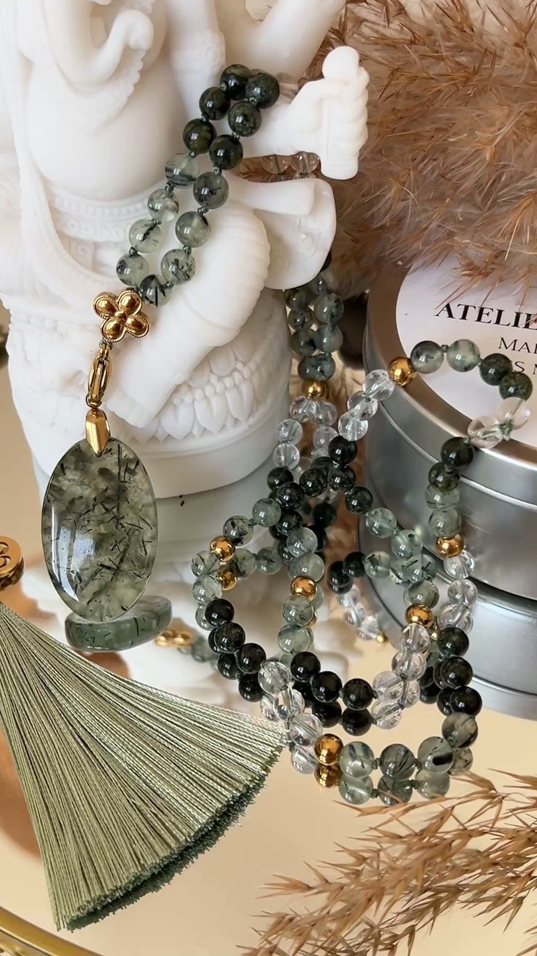 Mala n°41 - Equilibre du coeur - Préhnite, Serpentine et Cristal de roche