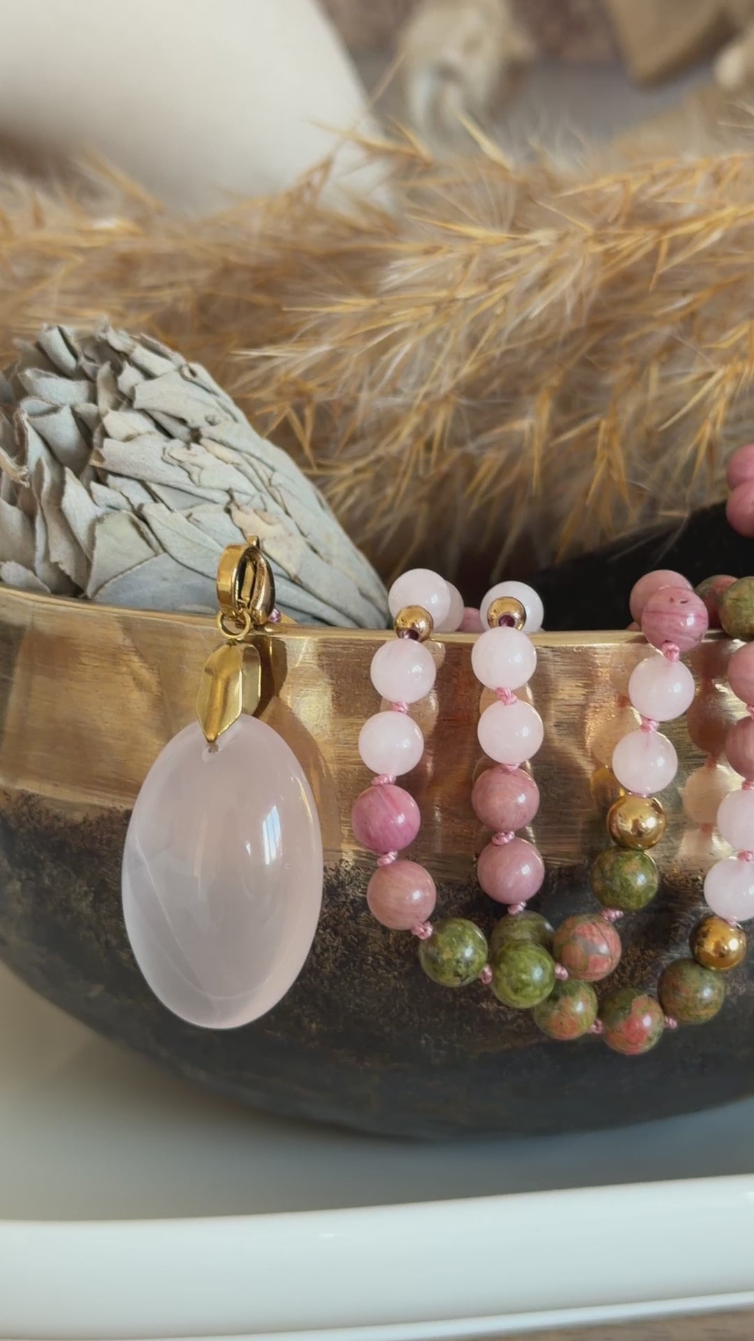Mala n°133 - Réconciliation - Unakite, Rhodonite et Quartz rose