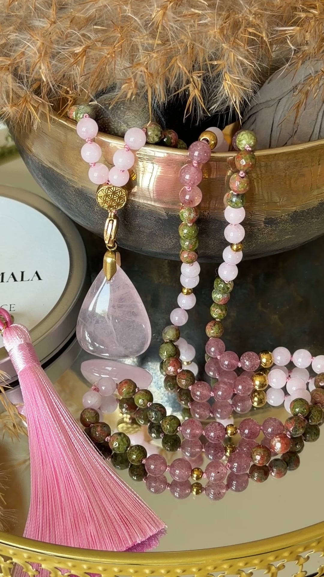 Mala n°118 - Regard Bienveillant - Unakite, Quartz fraise et Quartz rose
