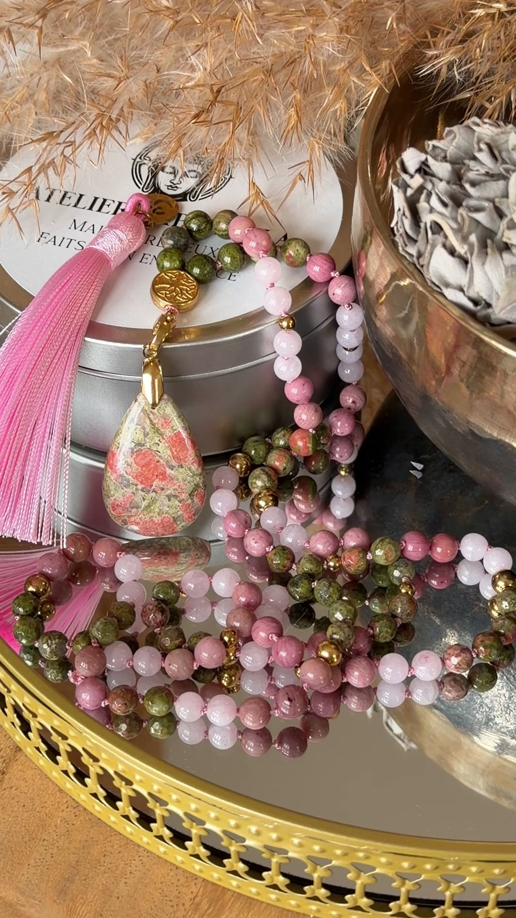 Mala n°109 - Réconciliation - Unakite, Rhodonite et Quartz rose