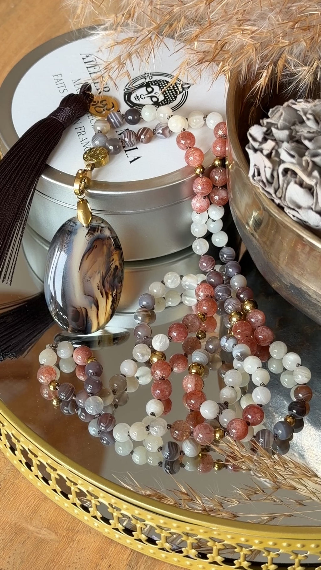 Mala n°120 - Nouveau souffle - Pierre de soleil, Pierre de lune et Agate du Botswana